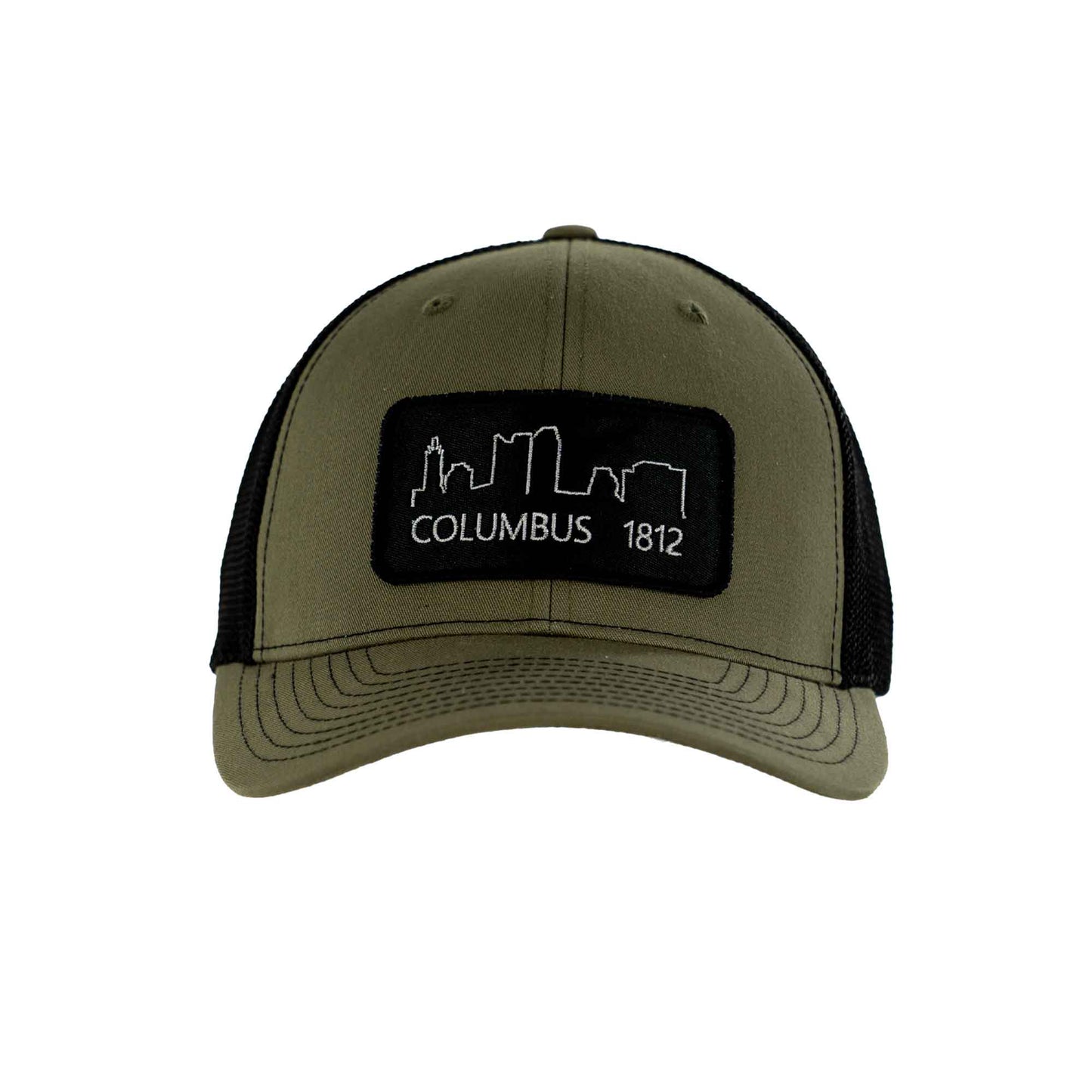 Scioto Made Trucker Hat with Columbus skyline 1812 patch. Structured 6 panel Loden and Black.