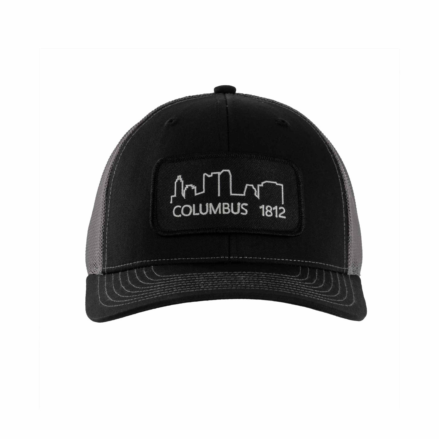 Scioto Made Trucker Hat with Columbus skyline 1812 patch. Black with gray mesh.